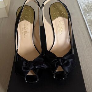 Cole Haan Black Bianca Air Slingback Peep-Toe Mules with Satin Bow